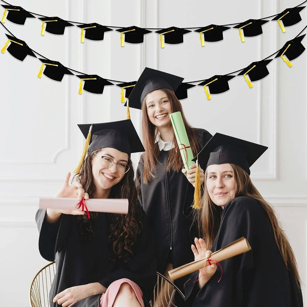 Graduation Cap Banner 2 Pack Black Yellow Tassel Mortarboard Garland 9.8ft Decor